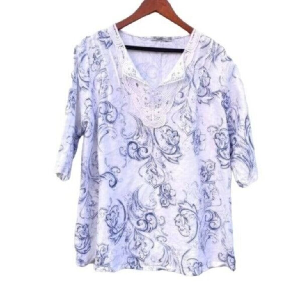 Elena Baldi Italy Linen Floral Peasant Tunic Top
